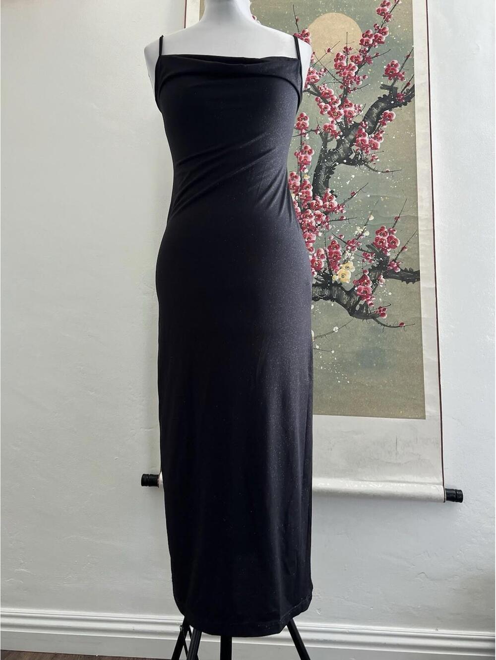 Vintage Bebe 90s Prom Dress Black Shimmer Glitter Maxi Leg Slit Long Cowl Neck